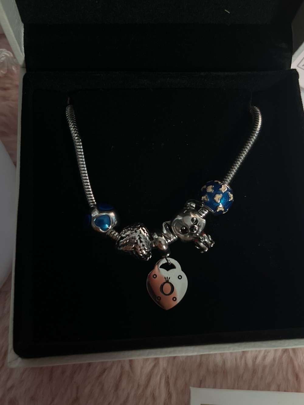 Pandora Silver Bracelet with Blue Star and Heart Charms